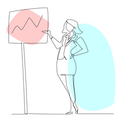 Businesswoman presenting a businesses report graph on a signboard. Vector illustration for business and education graphic design