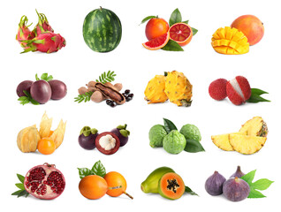 Collage with many fresh exotic fruits on white background