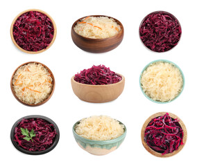 Collage with bowls of different tasty sauerkraut on white background