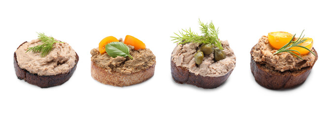 Slices of bread with tasty pate on white background, collage design