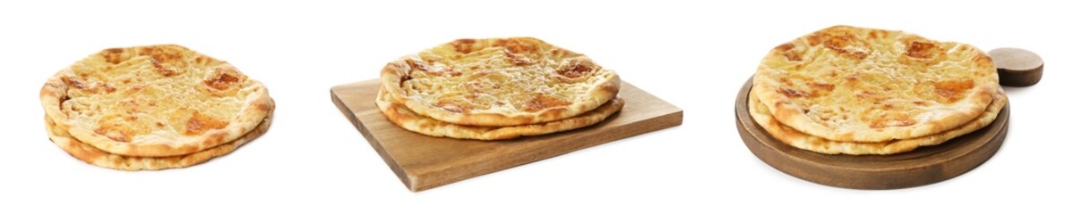 Collage with fresh Megrelian khachapuris on white background