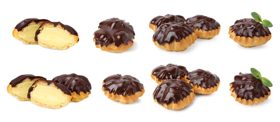 Delicious profiteroles covered with chocolate on white background, collage design
