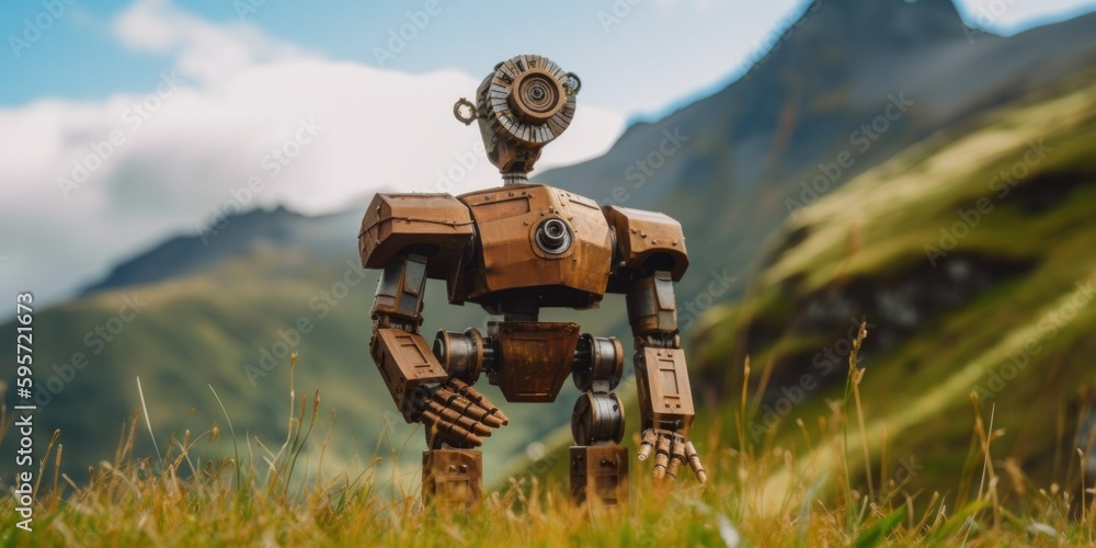 Poster A toy robot standing in a field with mountains in the background. AI generative image.