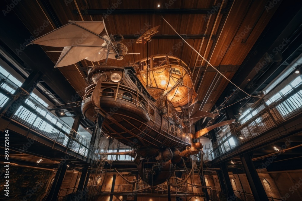 Poster a large steam powered ship in a building. ai generative image.