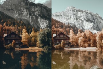 Fototapeta na wymiar Swiss landscapes with house, trees, lake and mountains, pixelated in 8 bit style for retro games. Generative AI
