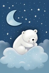 Obraz na płótnie Canvas Baby Polar Bear Sleeping on Cloud with Starry Sky. Generative ai