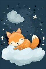 Baby Fox Sleeping on Cloud with Starry Sky. Generative ai
