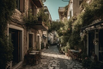 Fototapeta na wymiar Gorgeous view of a street on Kos Island, a popular tourist spot in Greece. Generative AI