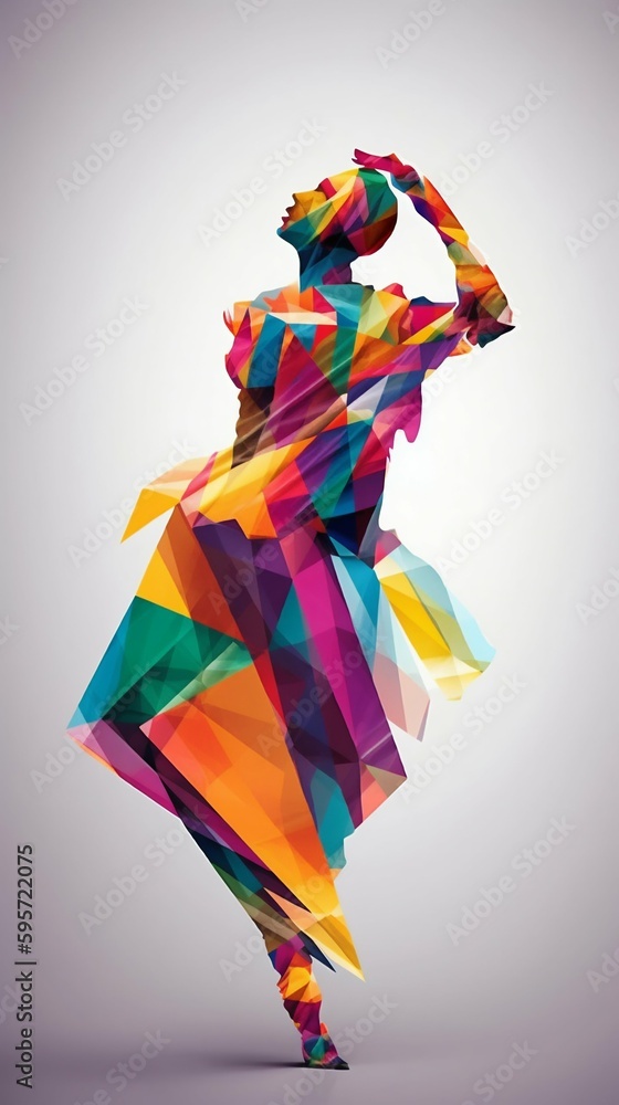 Poster woman dancing in an colorful abstract pattern. generative ai