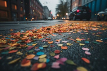 Colorful confetti scattered on pavement. Generative AI