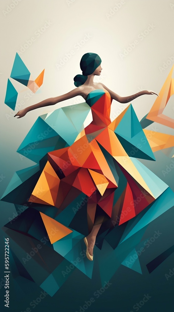 Poster woman dancing in an colorful abstract pattern. generative ai