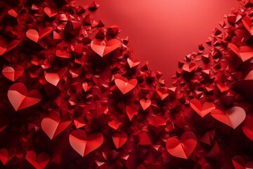 A red paper background adorned with red paper hearts representing love and Valentine's day. Generative AI