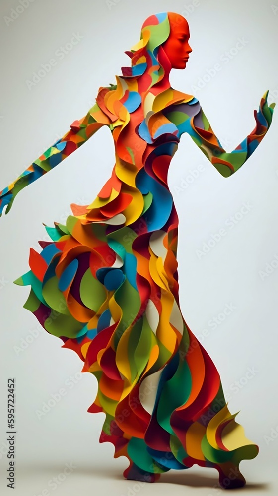 Poster woman dancing in an colorful abstract pattern. generative ai