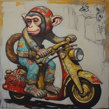 Fun Monkey Riding a Retro Scooter Bike Art Illustration
