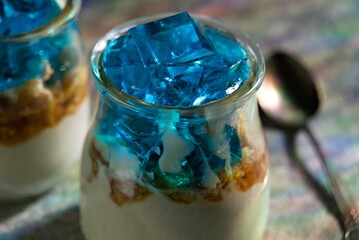 Cottage cheese dessert with blue jelly