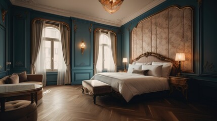 Concept illustration of a luxury hotel suite interior in a baroque style. Generative AI.