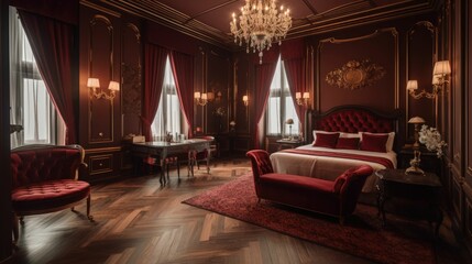 Fototapeta premium Concept illustration of a luxury red hotel suite interior in a baroque style. Generative AI.
