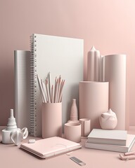 Stationery on the table. Super detailed stationary layout created with Generative AI technology