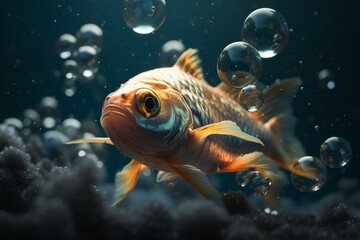 Obraz na płótnie Canvas An aquatic artwork with fishes and bubbles. Generative AI