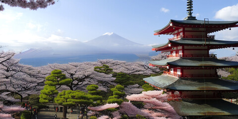 Beautiful landmark of Fuji mountain and Chureito Pagoda at sunset, Japan - AI generated