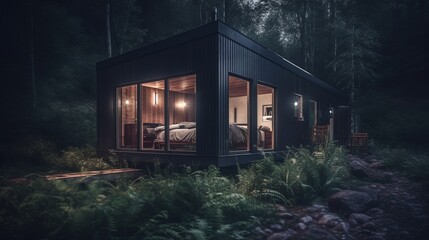 Fototapeta na wymiar Modern tiny house in forest barnhouse cozy realistic. Al generated
