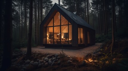 Fototapeta na wymiar Modern tiny house in forest barnhouse cozy realistic. Al generated