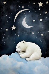 Obraz na płótnie Canvas Baby Polar Bear Sleeping on Cloud with Starry Sky. Generative ai