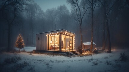 Modern tiny house in winter forest barnhouse cozy. Al generated - obrazy, fototapety, plakaty