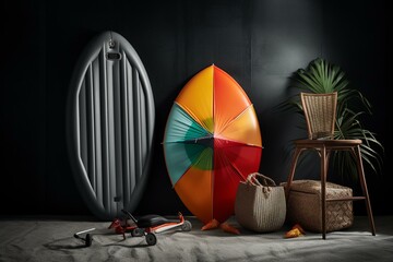 Vivid surfboard, swim ring, parasols and luggage against grayscale background. Generative AI