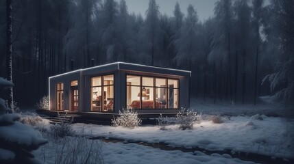 Fototapeta na wymiar Modern tiny house in winter forest barnhouse cozy. Al generated