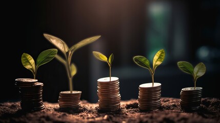 Fototapeta na wymiar Money growth concept. Plants on coin stacks. Al generated