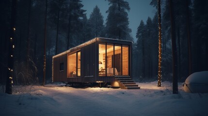 Modern tiny house in winter forest barnhouse cozy. Al generated - obrazy, fototapety, plakaty