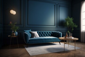 A simple yet sophisticated living room with a vintage sofa, blue wall, shelf, and white carpet. 3D illustration with copy space. Generative AI
