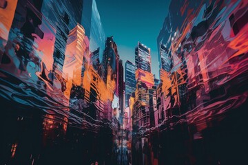 Abstract cityscape with glitchy, colorful skyscrapers. Generative AI