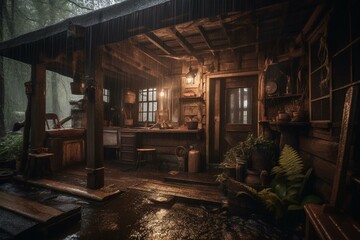 Fototapeta na wymiar Charming rain-lashed cabin. Generative AI