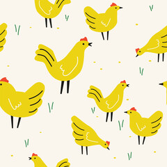 Seamless pattern of chickens in vibrant happy background kids wallpaper illustration