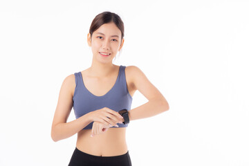 Fototapeta na wymiar Happy young asian woman looking smartwatch for exercise and aerobics with cardio isolated on white background, female looking smart watch with wrist for pulse while workout with health, sport concept.