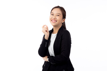 Portrait beautiful businesswoman in suit with arms crossed standing isolated on white background, young asian business woman is manager or executive smile with confident is positive and success.