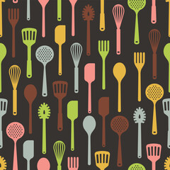 Seamless pattern of kitchen cooking utensils in simple illustration flat vector dark background