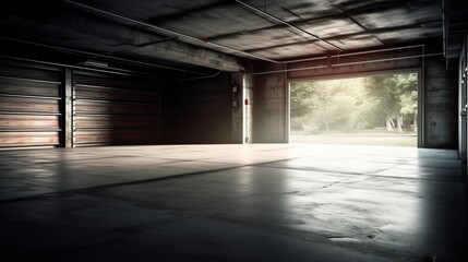 Open spacious empty garage photorealistic. Al generated - obrazy, fototapety, plakaty