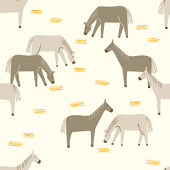 Seamless pattern of horses grazing eating hay kids illustration