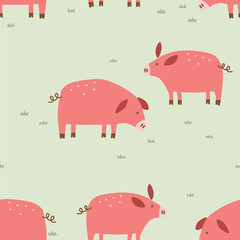 Seamless pattern of pigs grazing in green background wallpaper kids illustration