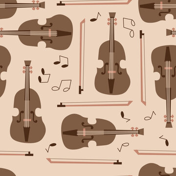 Seamless pattern of violins and musical notes in brown neutral background