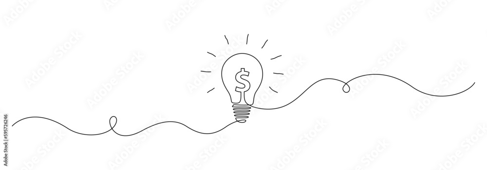 Leinwandbilder one continuous line drawing of light bulb with dollar sign. money making idea and high cost of elect