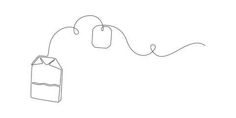 One continuous line drawing of paper tea bag. Hot herbal drink for morning routine and breakfast in simple linear style. Editable stroke. Doodle vector illustration