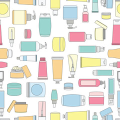 Seamless pattern of makeup skincare beauty bottles packagings illustration 