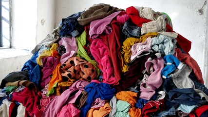 Old clothes for donation, charity, recycling and upcycling - obrazy, fototapety, plakaty