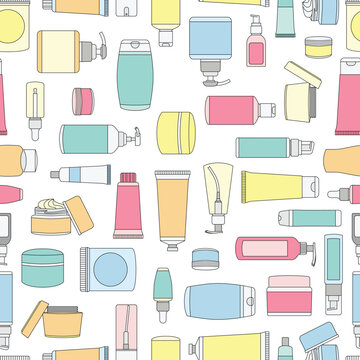 Seamless pattern of makeup skincare beauty bottles packagings illustration 
