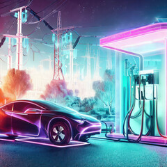 Electric car charging, neon elements, industrial eco concept, generative AI