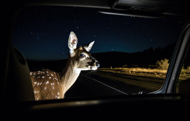 Fototapeta premium View from the inside of a car, deer standing in the middle of the road, illuminated by the car headlights. Danger of hitting deer with a car. Generative AI